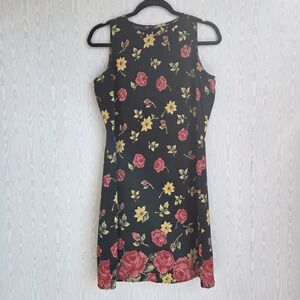 Vtg Metropolitan Womens M Dress Chiffon Sheath‎ Dark Floral Rose Print Grunge